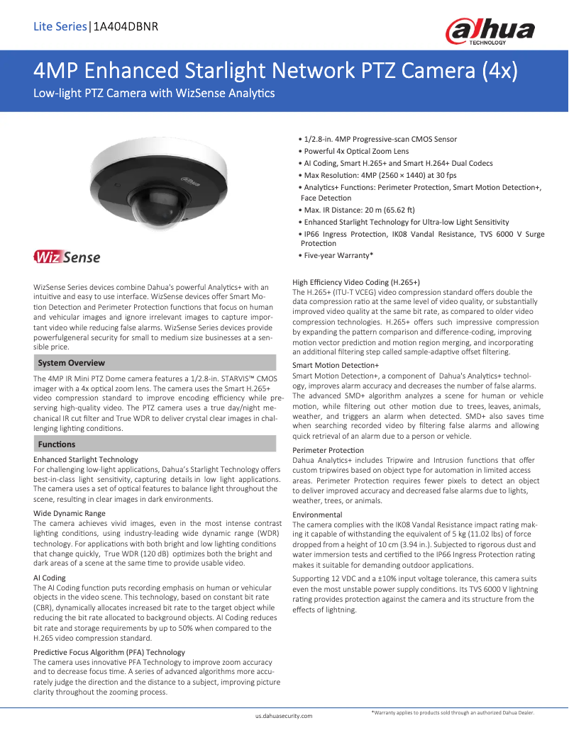 Page 1 de la notice Fiche technique Dahua Technology 1A404DBNR