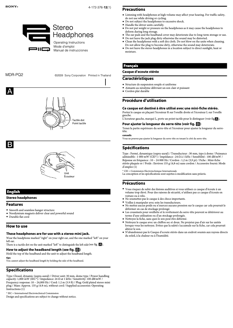 Page 1 de la notice Manuel utilisateur Sony MDR-PQ2