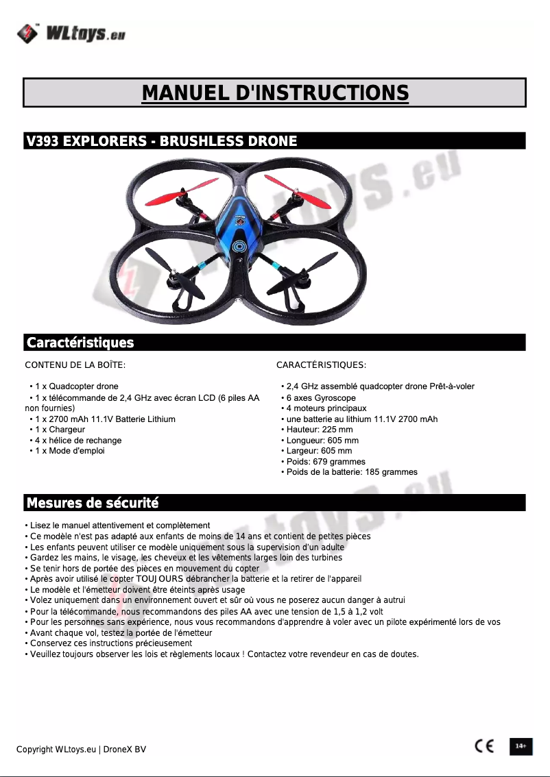 Page 1 de la notice Manuel utilisateur WLtoys V393 Brushless - Explorer