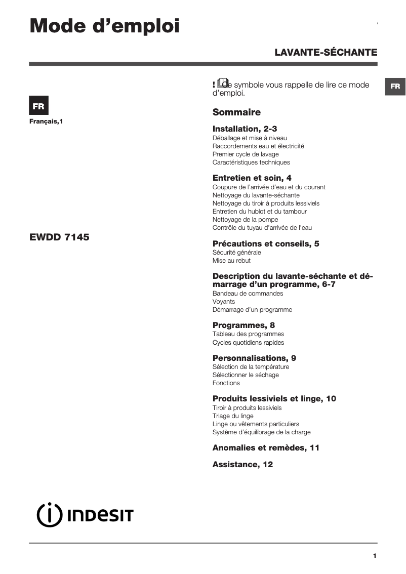 Page 1 de la notice Manuel utilisateur Indesit EWDD 7145 W FR