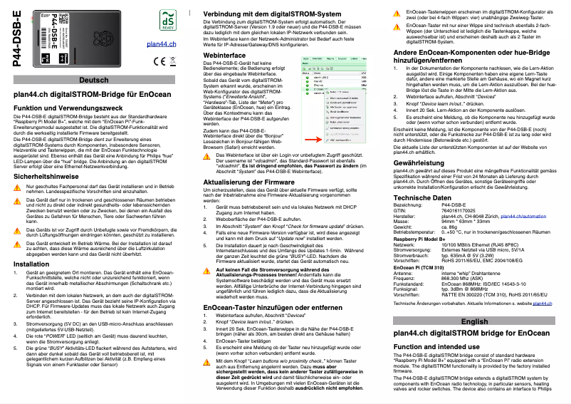 Page n°1 - Manuel utilisateur digitalSTROM P44-DSB-E