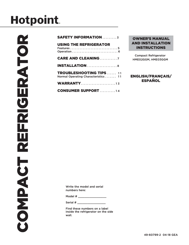 Page 1 de la notice Manuel d'utilisation et d'entretien Hotpoint HME02GGMBB