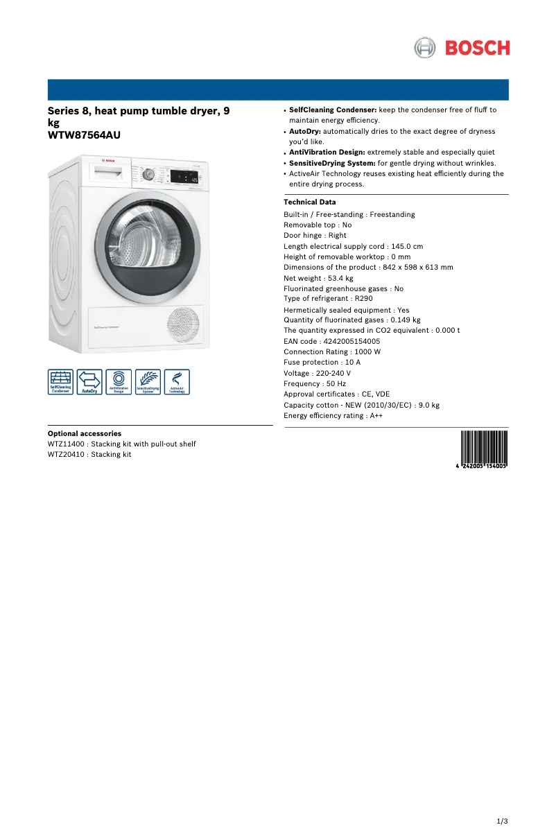 Página 1 del manual Ficha técnica Bosch WTW87564AU