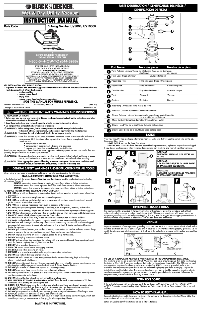 Page 1 de la notice Manuel utilisateur Black & Decker UV1000B