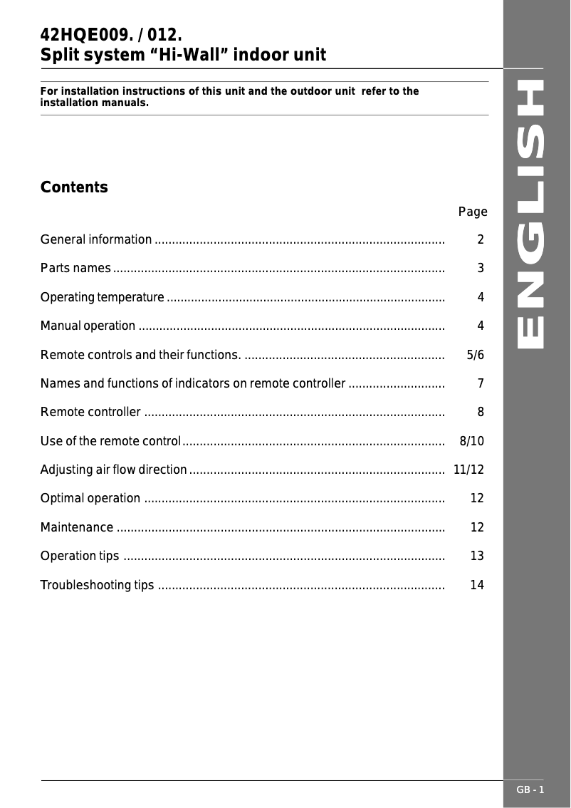 Page n°1 - Manuel utilisateur Carrier 42HQE012