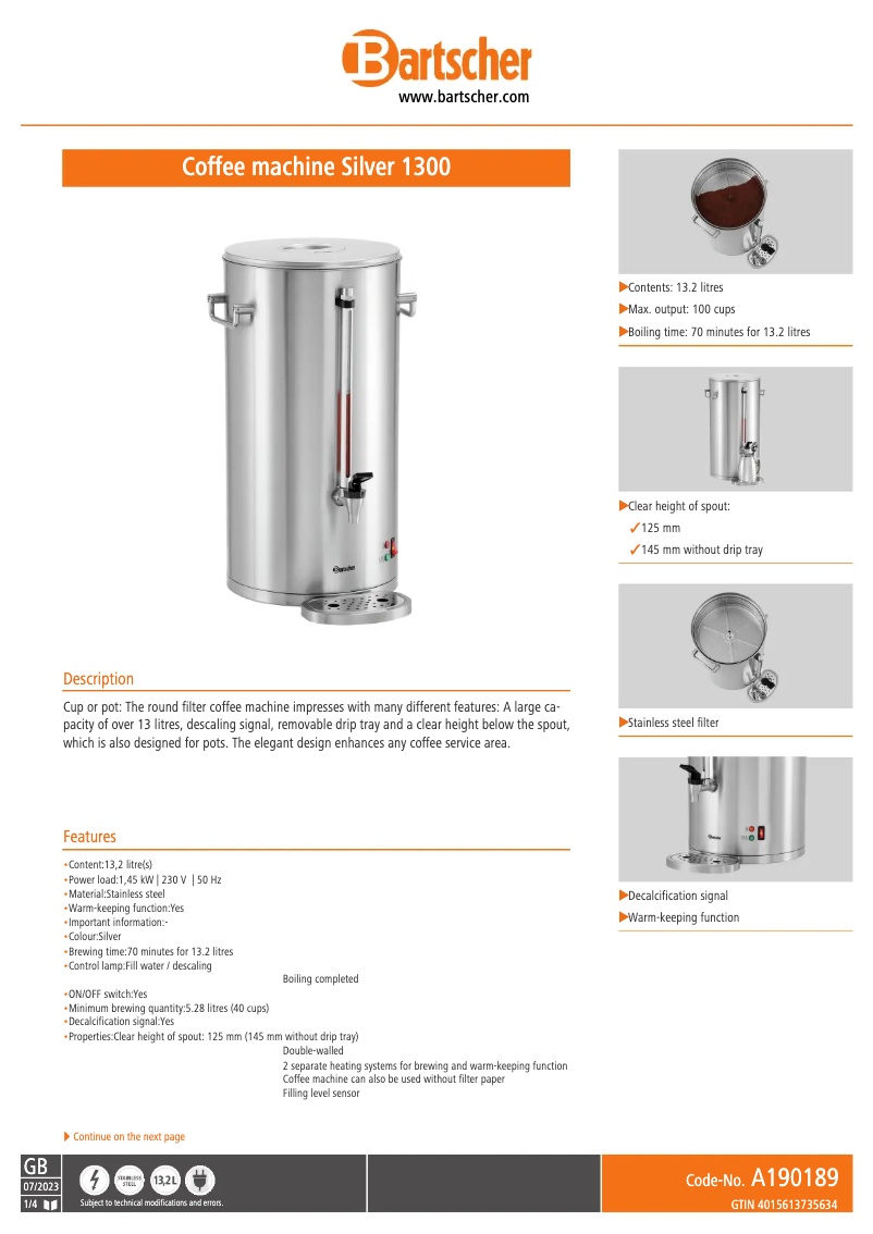 Page n°1 - Fiche technique Bartscher Silver 1300