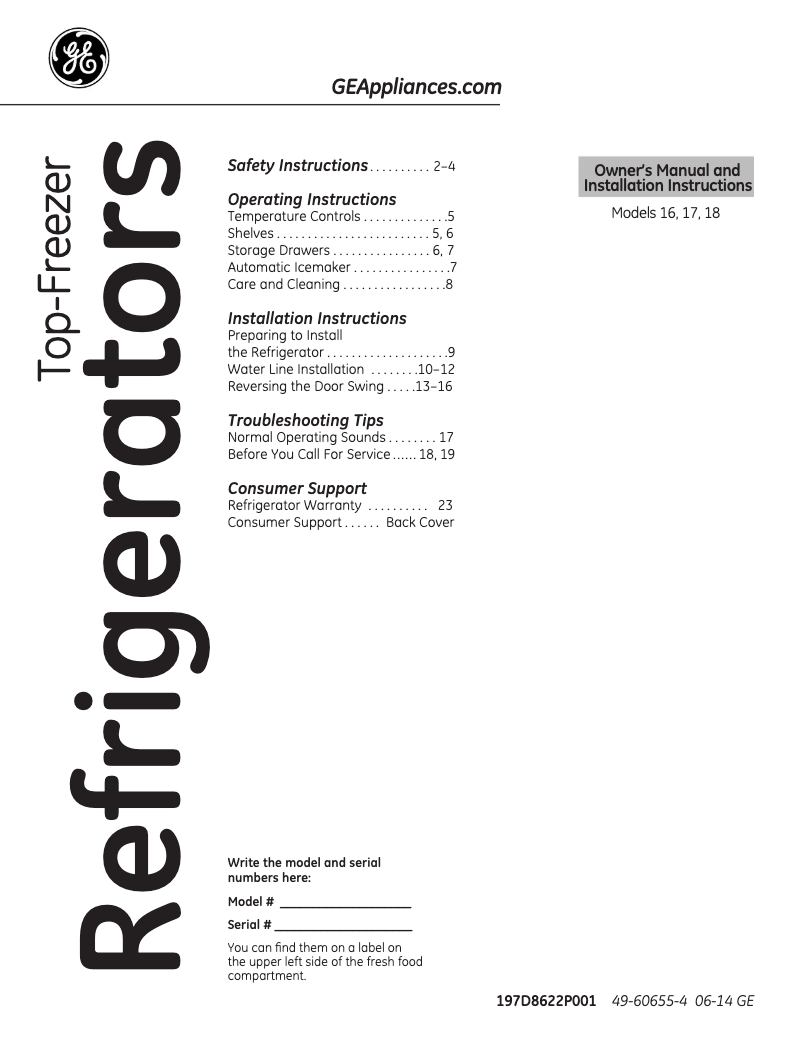 Page 1 de la notice Manuel d'utilisation et d'entretien GE GTH18GCDBB
