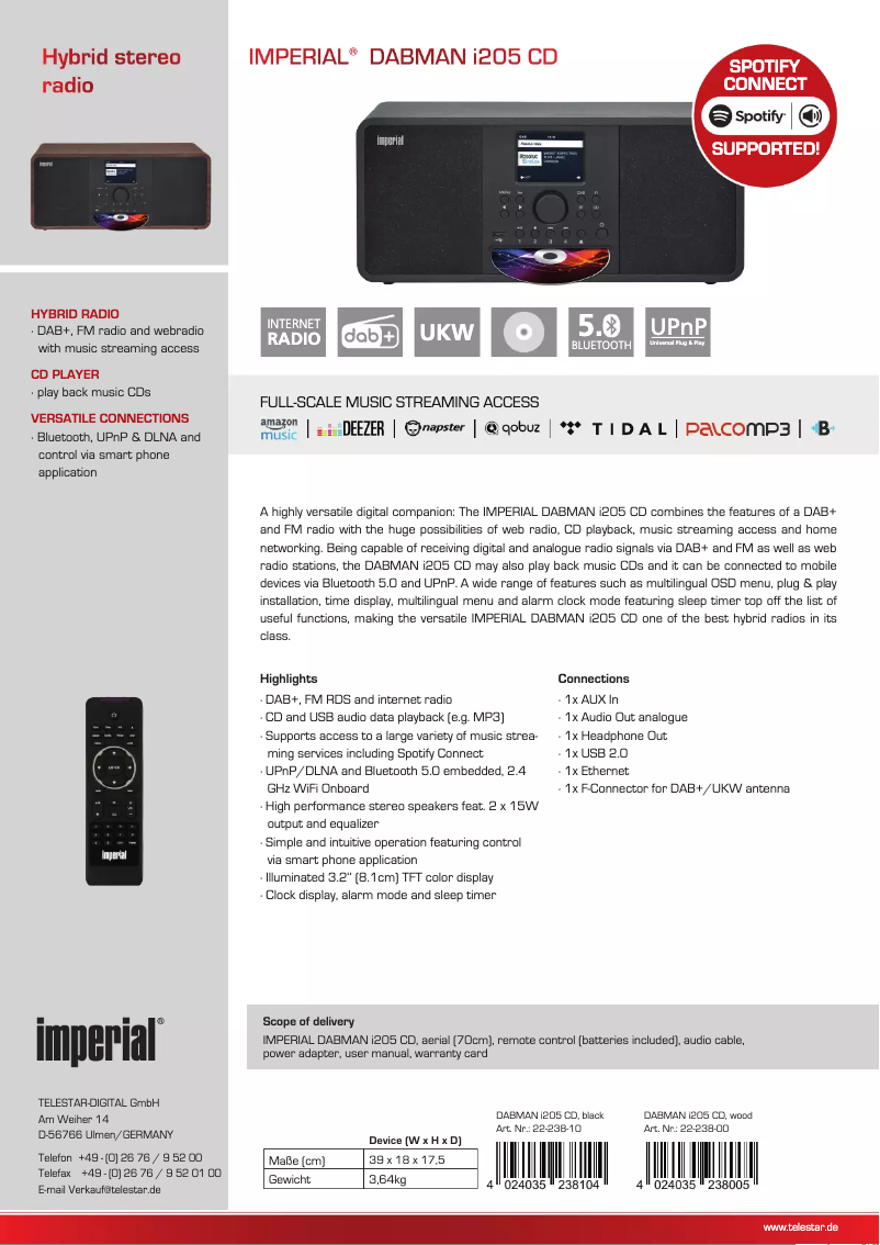 Page 1 de la notice Fiche technique Imperial DABMAN i205 CD