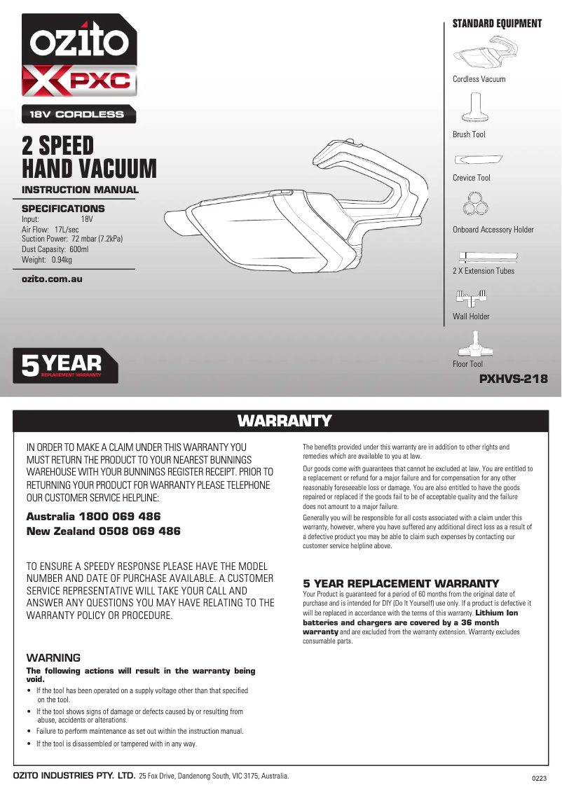 Page n°1 - Manuel utilisateur Ozito PXHVS-218