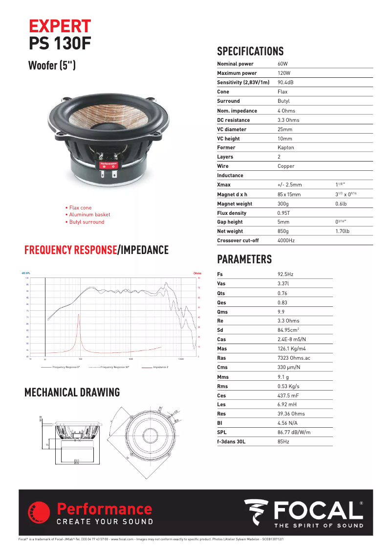 Page 1 de la notice Fiche technique Focal Performance Expert PS 130F