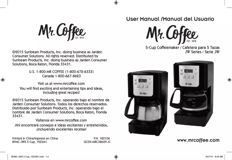 Page 1 de la notice Manuel utilisateur Mr. Coffee JWX3