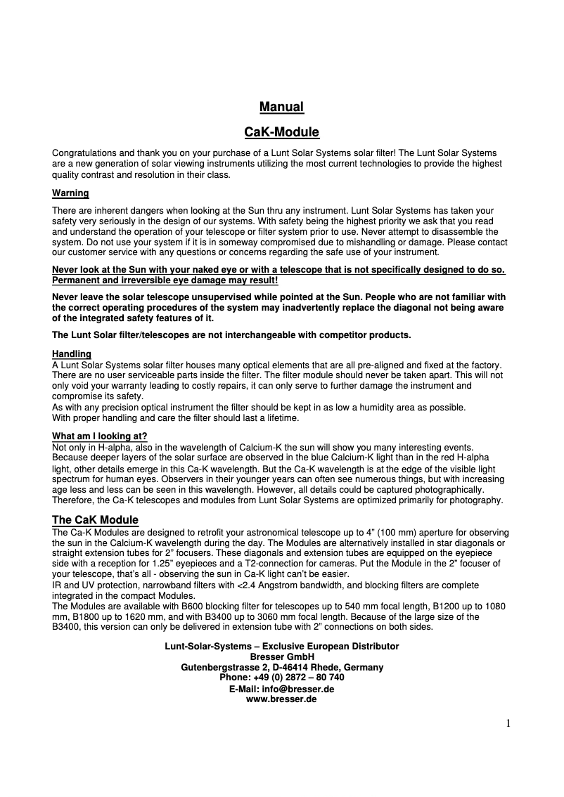 Page 1 de la notice Manuel utilisateur Lunt Solar Systems LS18CaKMDd2