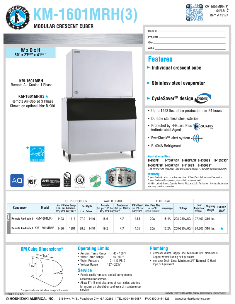 Page 1 de la notice Fiche technique Hoshizaki KM-1601MRH3
