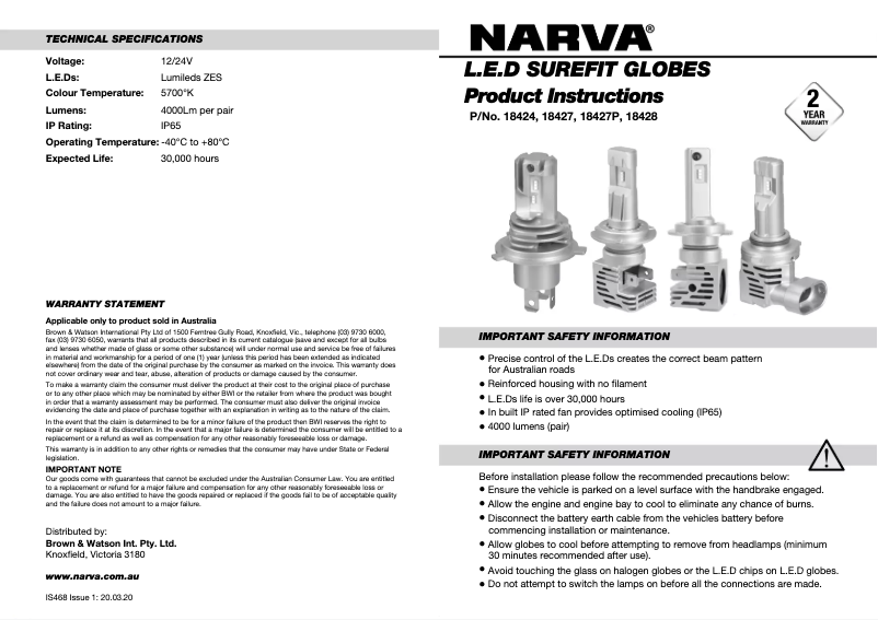 Page 1 de la notice Manuel utilisateur Narva H7 Surefit