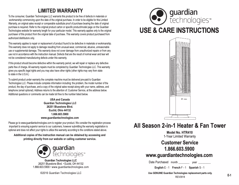 Page n°1 - Manuel utilisateur PureGuardian HTR410B