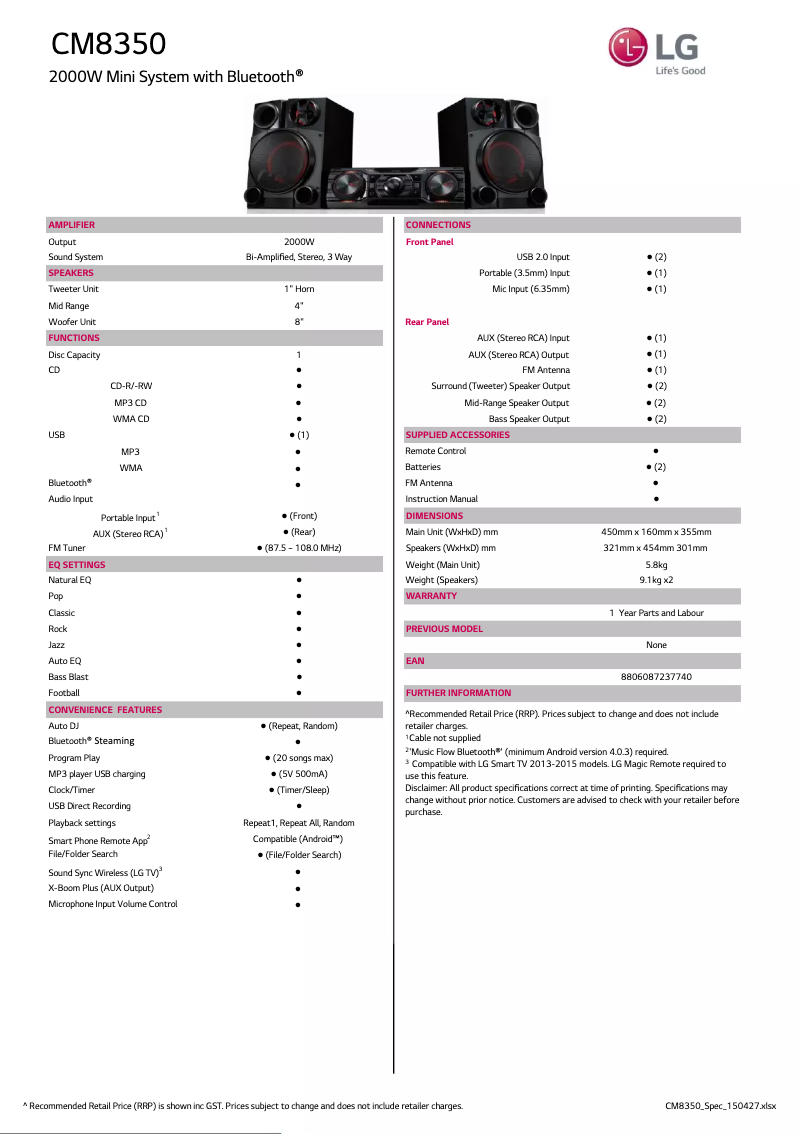 Página 1 del manual Ficha técnica LG X-Boom CM8350