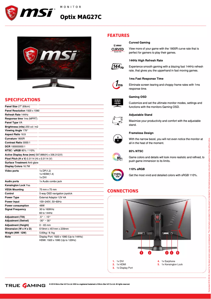 Page 1 de la notice Fiche technique MSI Optix MAG27C
