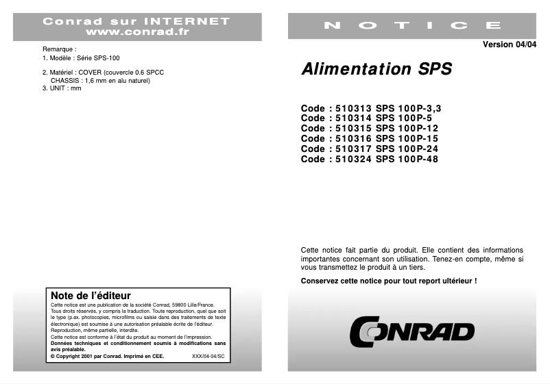 Page 1 de la notice Manuel utilisateur SunPower SPS 100P-24