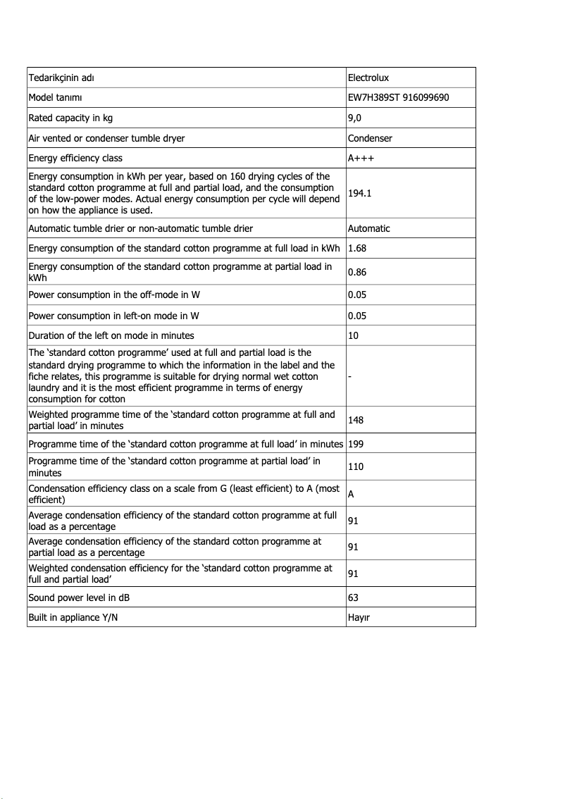 Page 1 de la notice Fiche technique Electrolux EW7H389ST