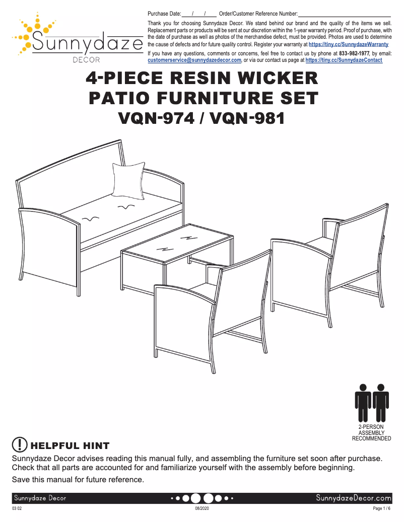 Page 1 de la notice Manuel utilisateur Sunnydaze Decor VQN-974