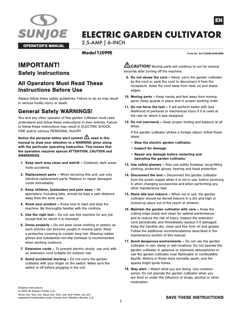 Page 1 de la notice Manuel utilisateur Sun Joe TJ599E