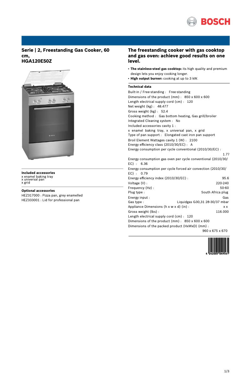Page 1 de la notice Fiche technique Bosch HGA120E50Z