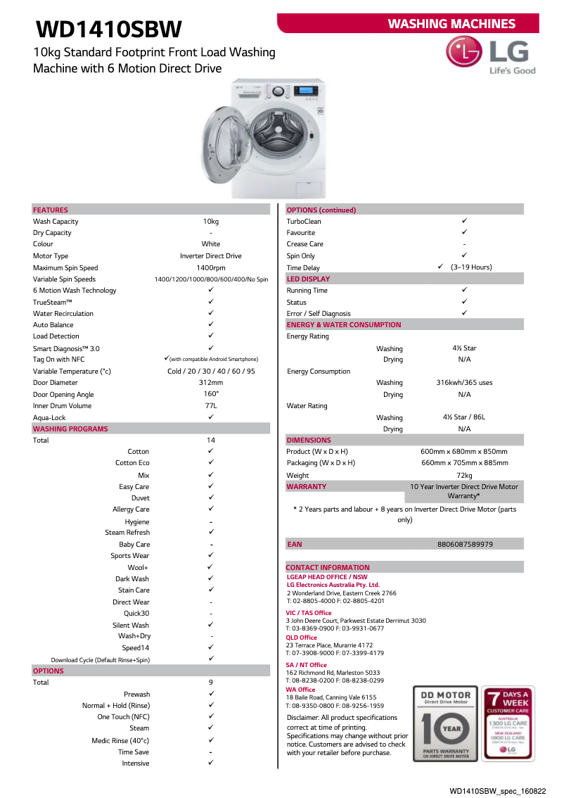 Page n°1 - Fiche technique LG WD1410SBW