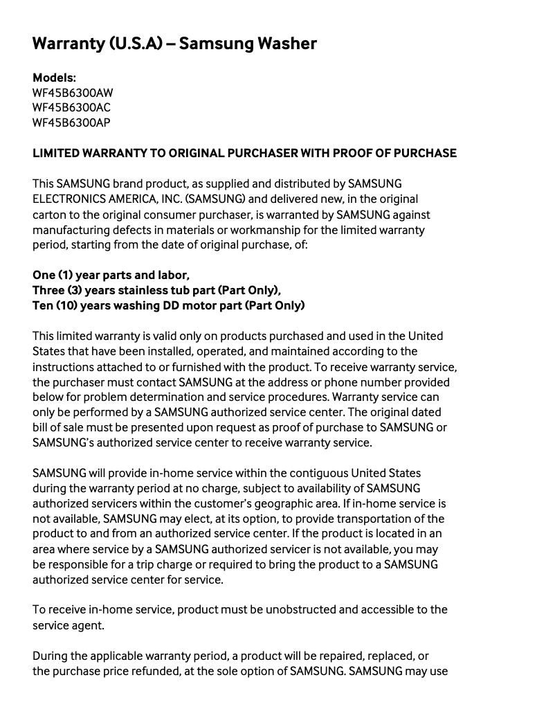 Page 1 de la notice Informations de garantie Samsung WF45B6300AP