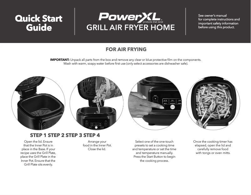 Page 1 de la notice Guide de démarrage rapide PowerXL Grill Air Fryer Home AFG-5A
