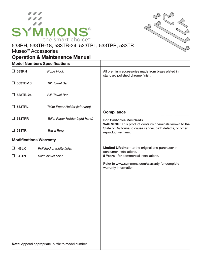 Page n°1 - Manuel utilisateur Symmons Museo 533TPL