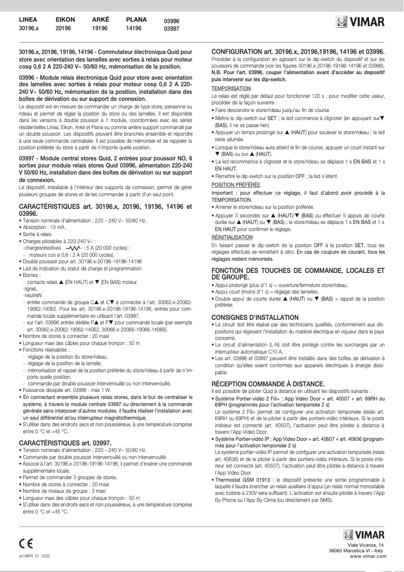 Page 1 de la notice Manuel utilisateur Vimar 30196.C