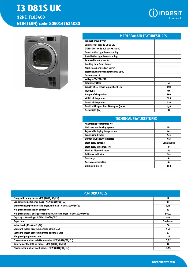 Page 1 de la notice Fiche technique Indesit I3 D81S UK