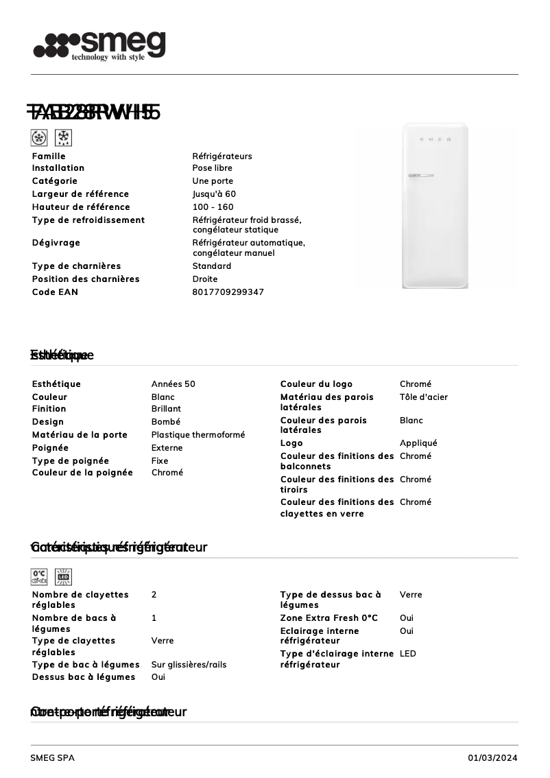 Page 1 de la notice Fiche technique Smeg FAB28RWH5