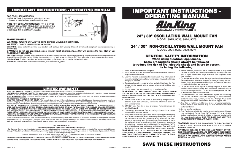 Page 1 de la notice Manuel utilisateur Air King 9070