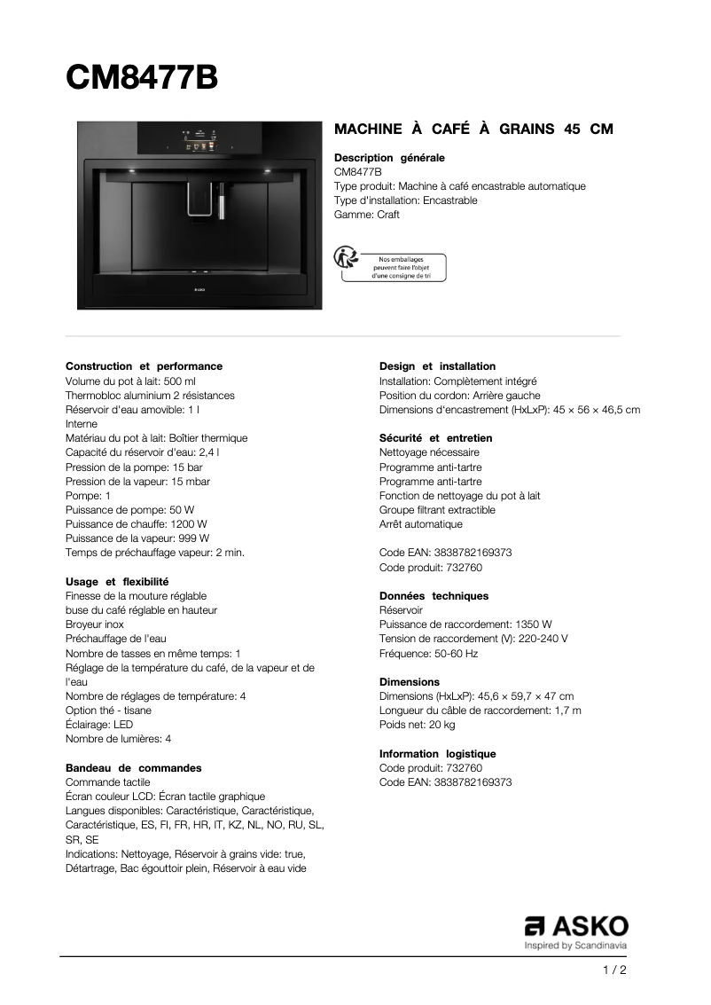 Page 1 de la notice Fiche technique Asko CM8477B