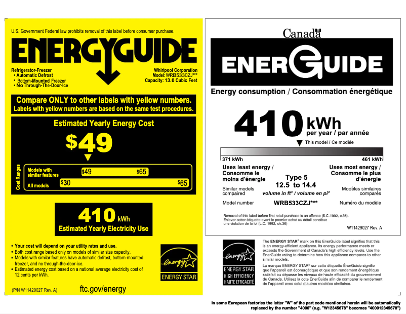 Page 1 de la notice Label énergétique Whirlpool WRB533CZJB