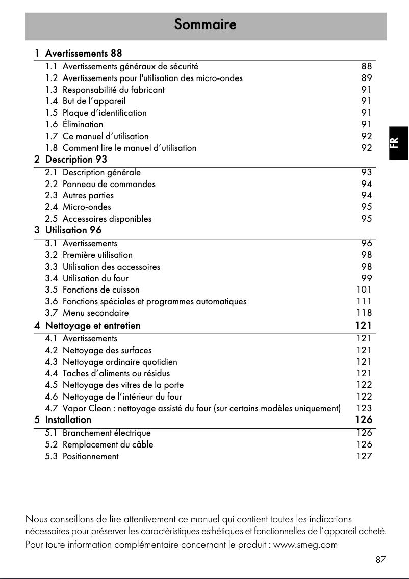 Page 1 de la notice Manuel utilisateur Smeg SF4120MC