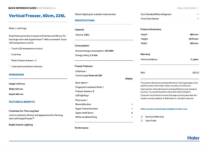 Page n°1 - Fiche technique Haier HVF260WH3