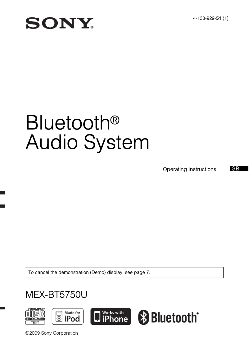 Page 1 de la notice Manuel utilisateur Sony MEX-BT5750U