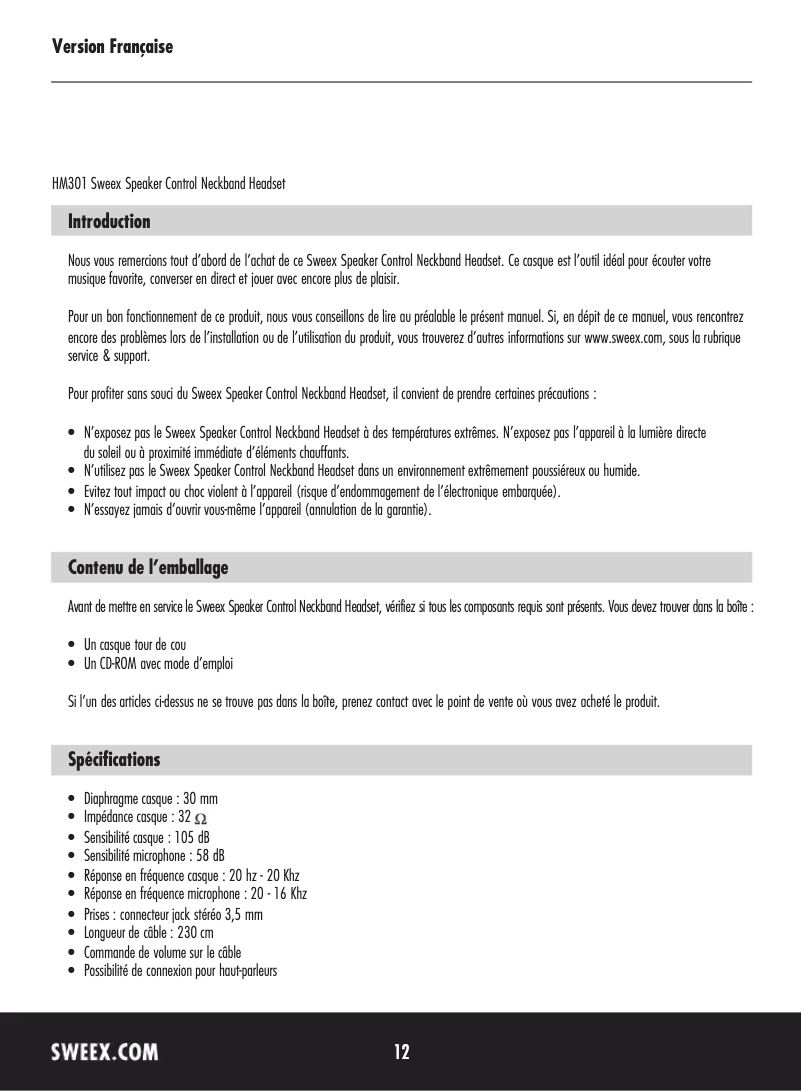 Page 1 de la notice Manuel utilisateur Sweex WC905