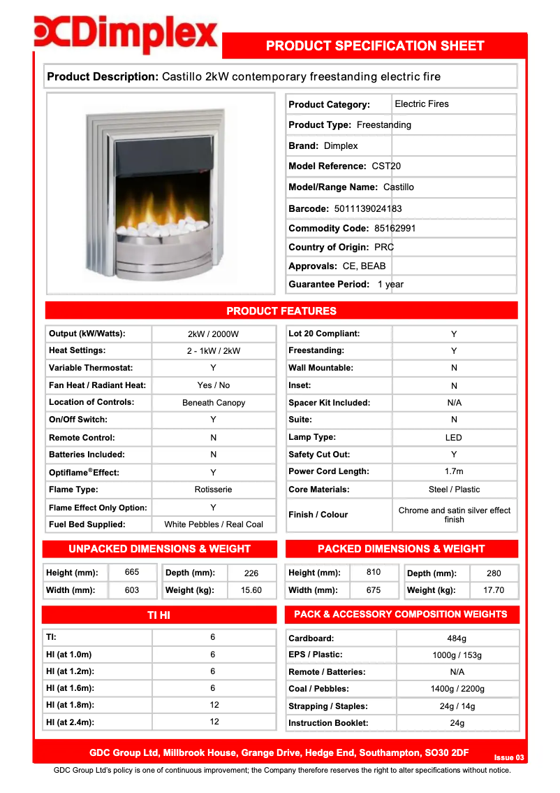 Page 1 de la notice Fiche technique Dimplex CST20