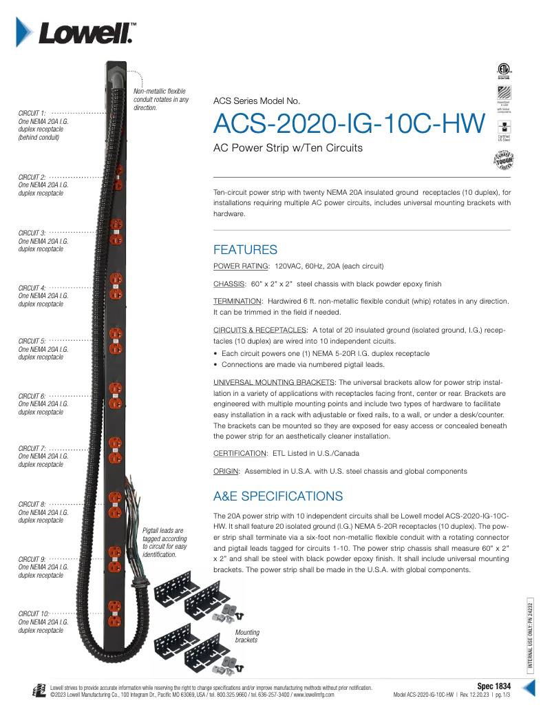 Page n°1 - Manuel utilisateur Lowell ACS-2020-IG-10C-HW