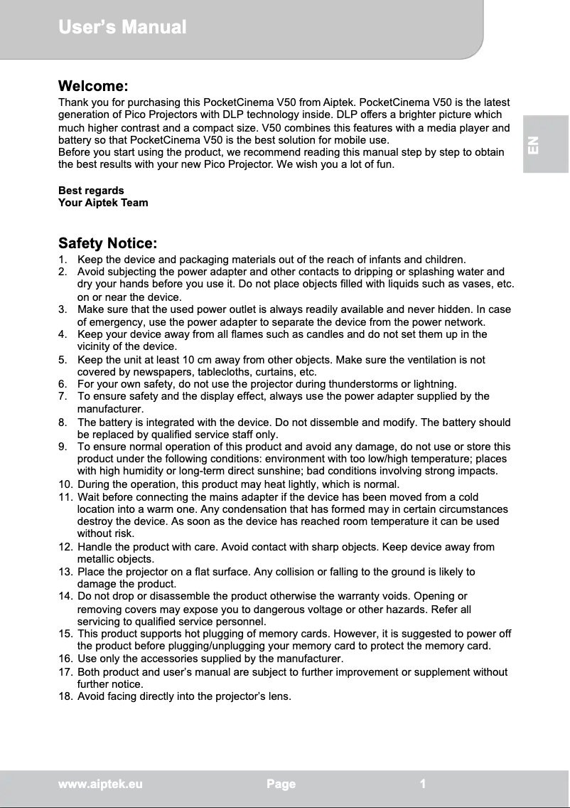 Imagen de la primera página del manual del dispositivo V50