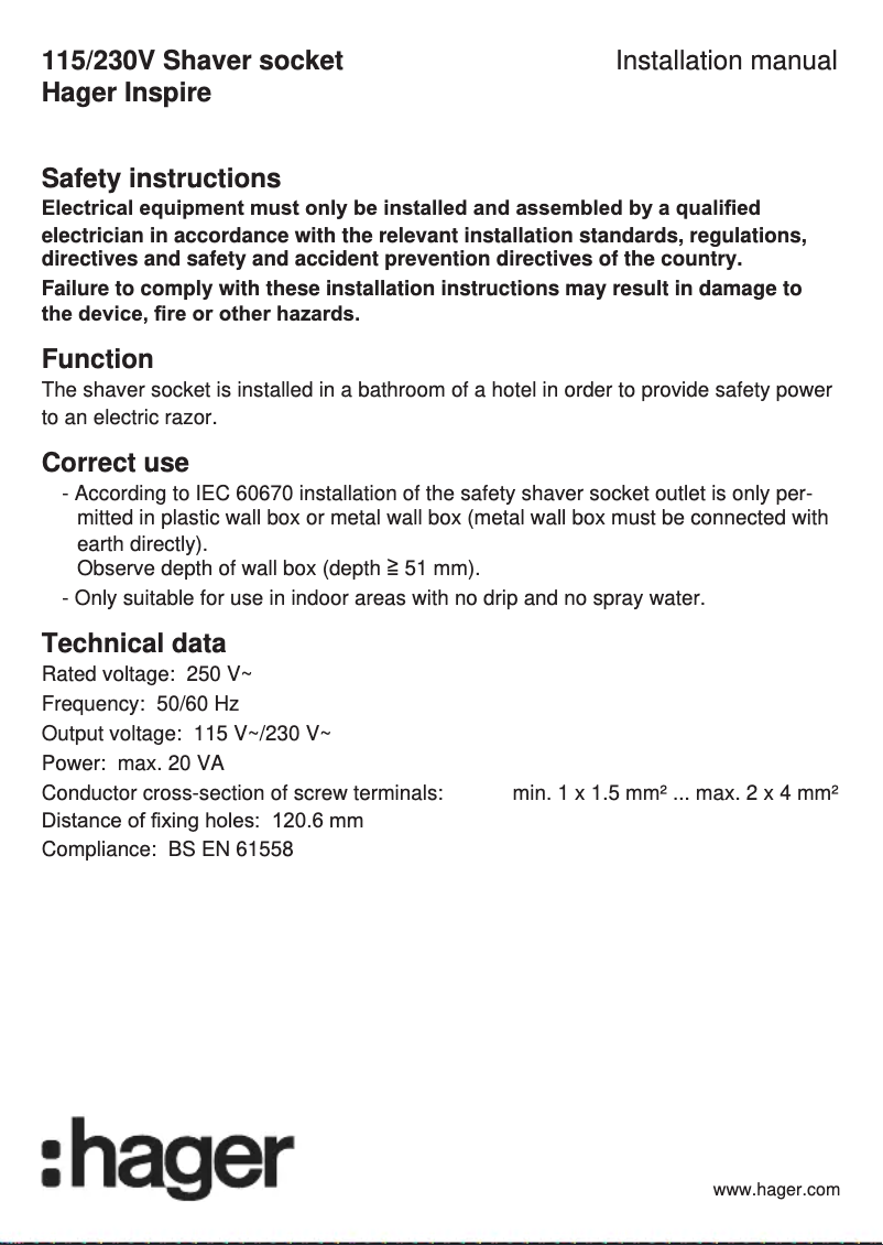 Page 1 de la notice Manuel utilisateur Hager WGCXHSRAS