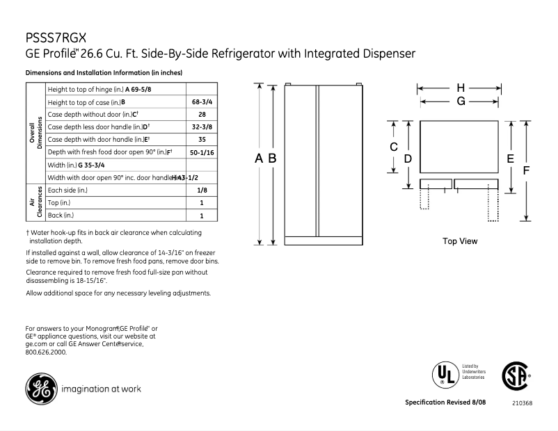 Page 1 de la notice Fiche technique GE Profile PSSS7RGXSS