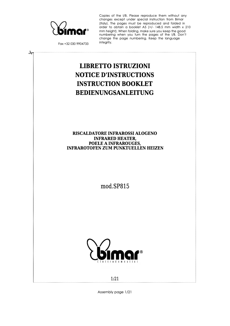 Page 1 de la notice Manuel utilisateur Bimar SP815