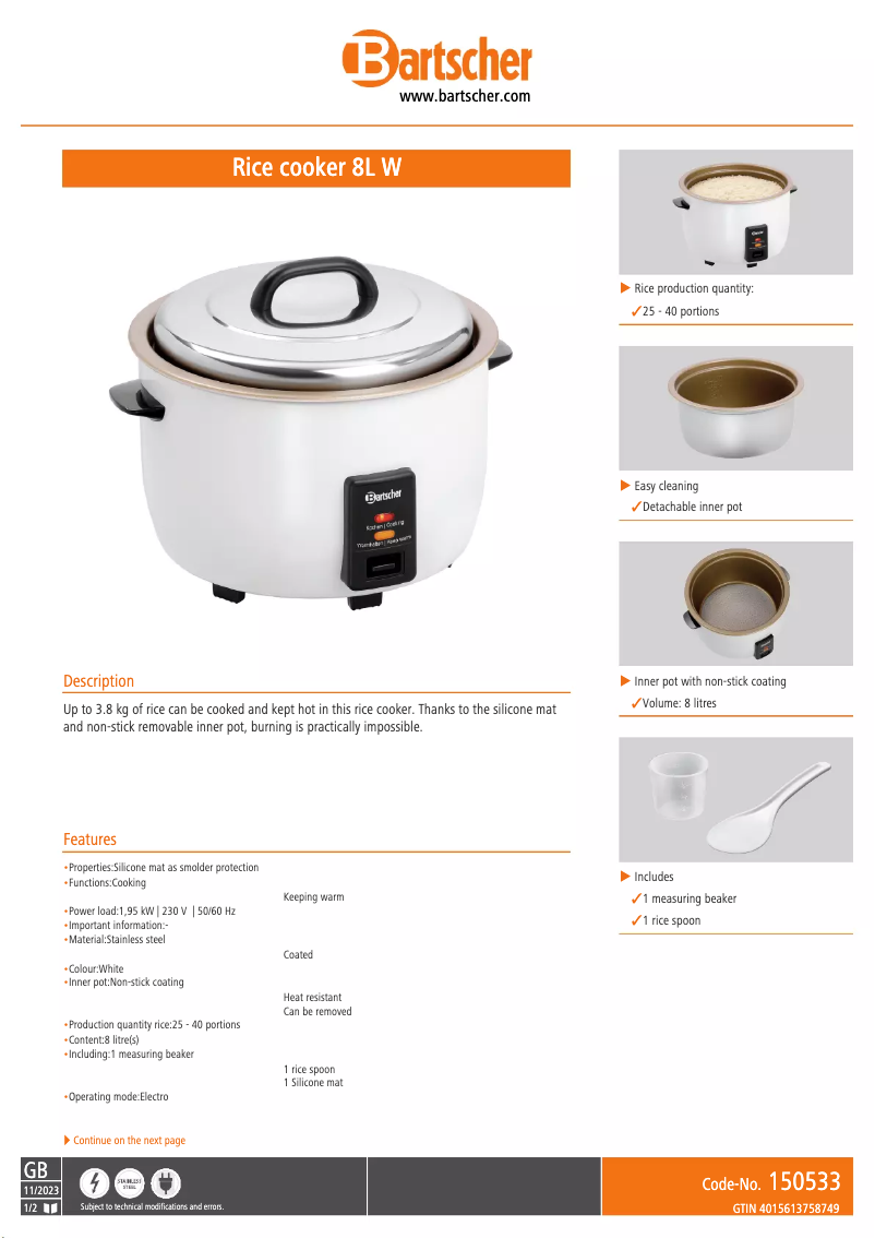 Page 1 de la notice Fiche technique Bartscher 150533