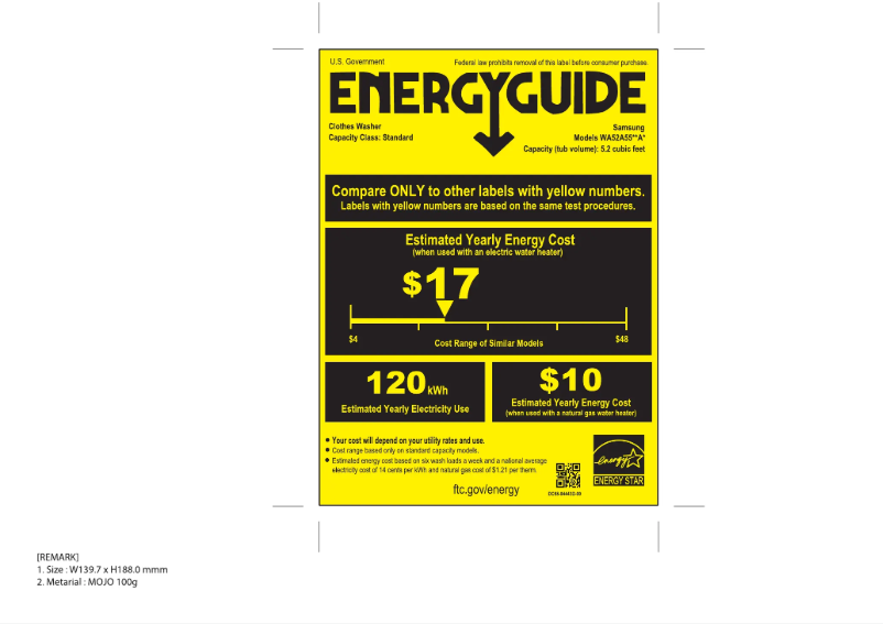 Page 1 de la notice Label énergétique Samsung WA52A5500AC