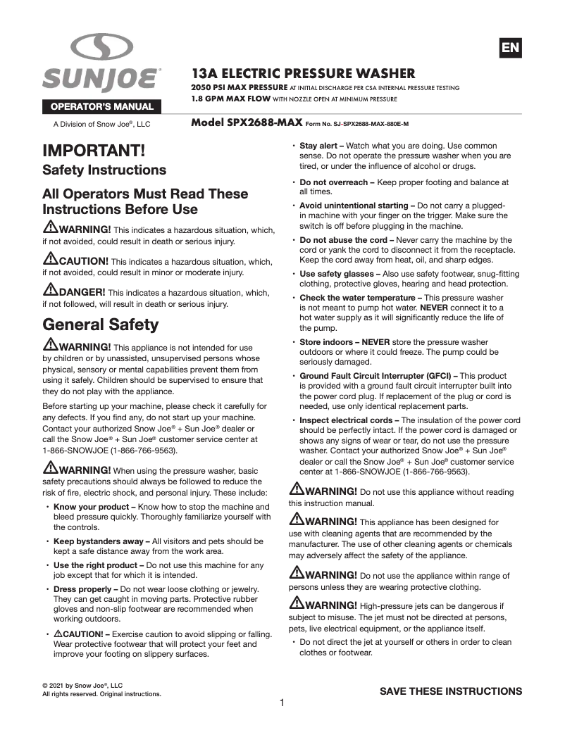 Page 1 de la notice Manuel utilisateur Sun Joe SPX2688-MAX
