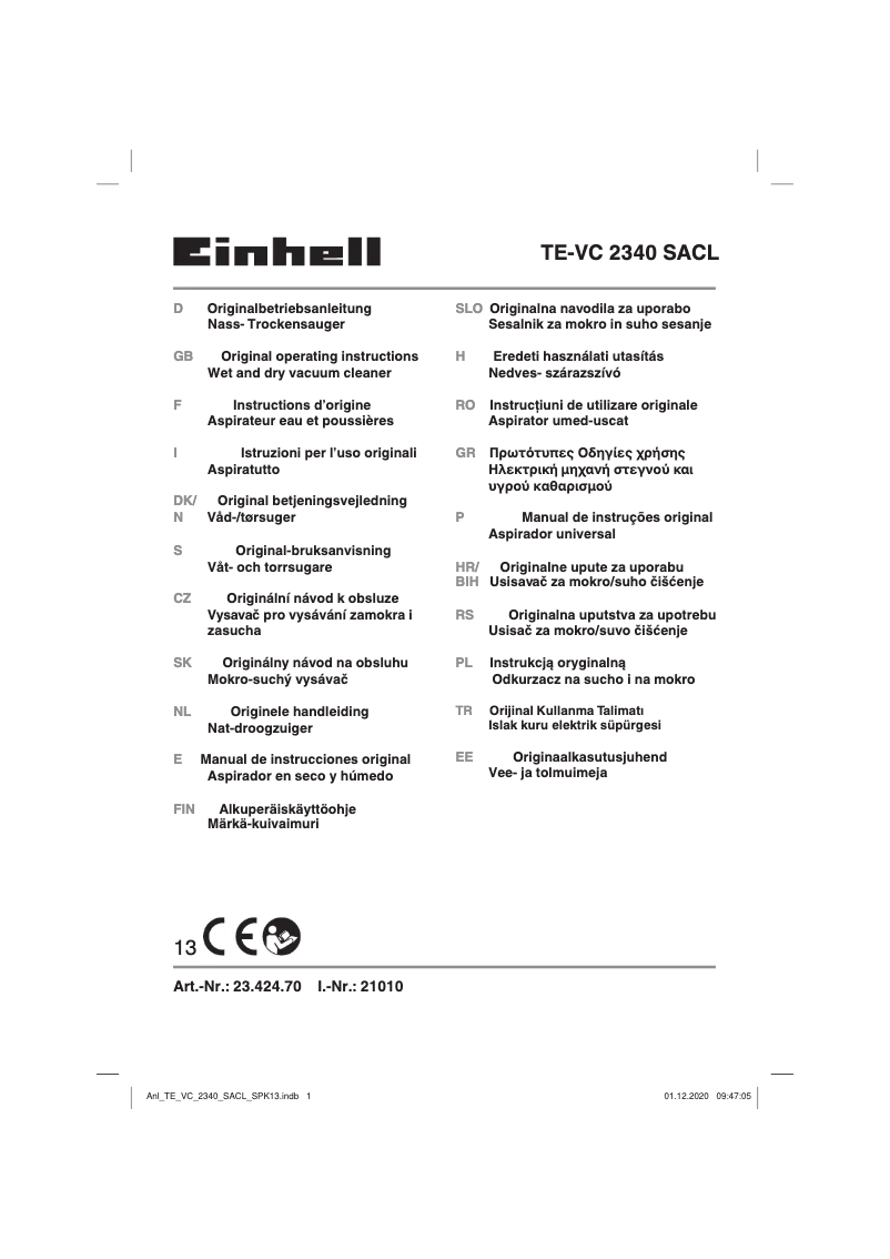 Page n°1 - Manuel utilisateur Einhell TE-VC 2340 SACL